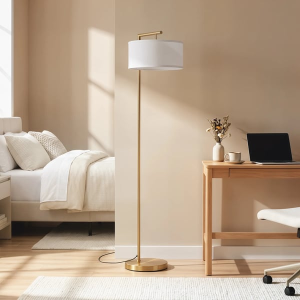 golvlampa, E27-sockel för vardagsrum, sovrum, kontor, metall, stål, linne, guld+vit, 47 x 37 x 153 cm