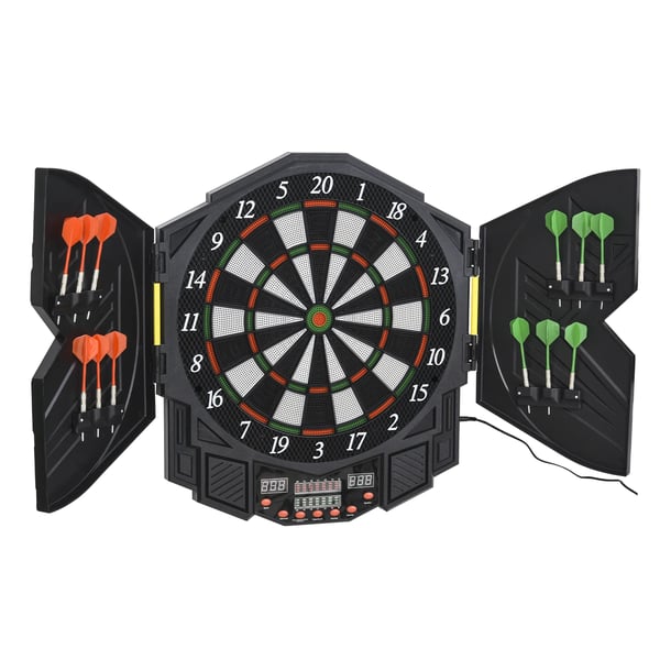 Elektronisk dartskive med døre, inkl. 4 LED-displays, 216 spil, 12 pile, til op til 8 spillere, ABS + PP, 49 x 54,6 x 5,5 cm