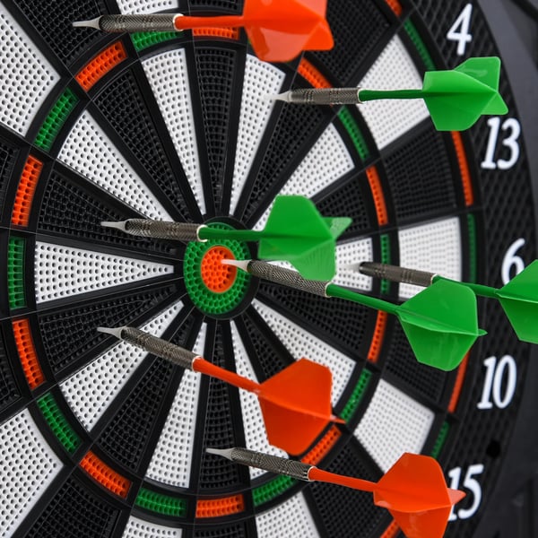 Elektronisk dartskive med døre, inkl. 4 LED-displays, 216 spil, 12 pile, til op til 8 spillere, ABS + PP, 49 x 54,6 x 5,5 cm