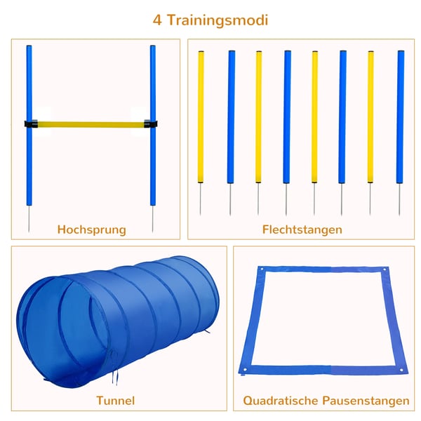 Hund Agility Träningsset - Slalomhinder, Hopphinder och Tunnel för Hundsport - PE/Polyester - Blå/Gul