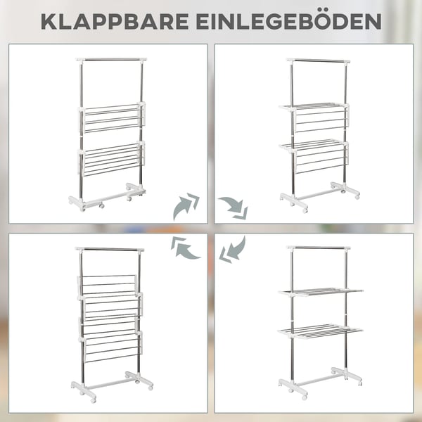 Hopfällbar Tvättställ med 2 nivåer och sidovingar (2 nivåer), Vit+Silver, Rostfritt stål/Plast, 83-136,5x55x154cm