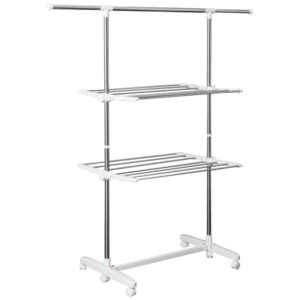Hopfällbar Tvättställ med 2 nivåer och sidovingar (2 nivåer), Vit+Silver, Rostfritt stål/Plast, 83-136,5x55x154cm