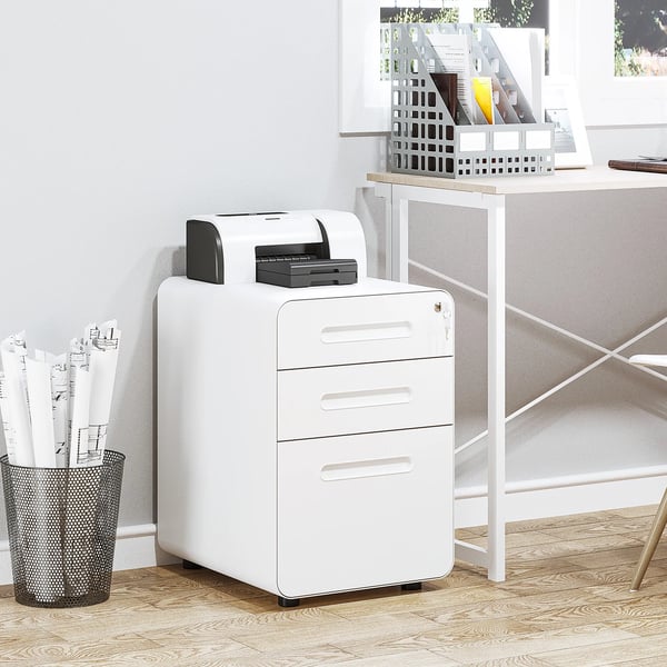 Rullcontainer Akteskåp Kontorscontainer med 3 lådor, Stål, Vit, 39x48x59cm