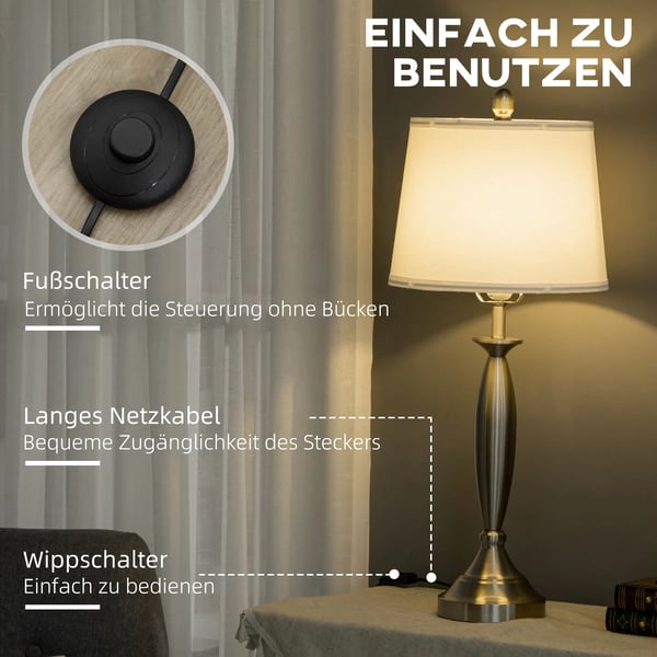 3-delad lampuppsättning, golvlampa med 2 bordslampor, E27, för vardagsrum/sovrum, silver+vit, linne (polyester)/stål