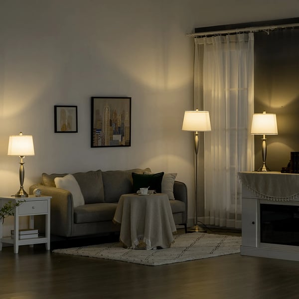 3-delad lampuppsättning, golvlampa med 2 bordslampor, E27, för vardagsrum/sovrum, silver+vit, linne (polyester)/stål