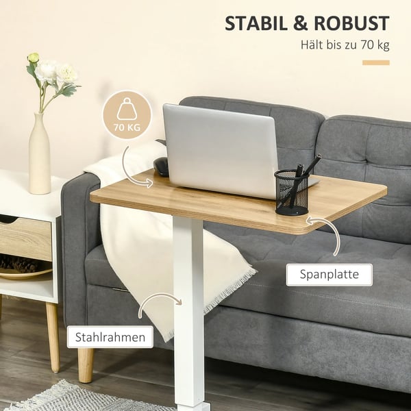 Justerbart Sidobord med hjul, C-form, Laptopbord för soffa/säng, Natur/Vit, 70-110 cm