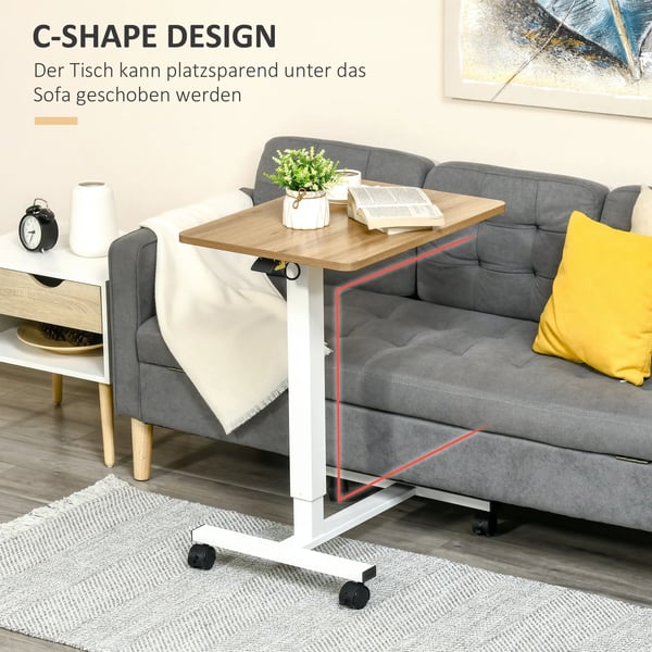 Justerbart Sidobord med hjul, C-form, Laptopbord för soffa/säng, Natur/Vit, 70-110 cm
