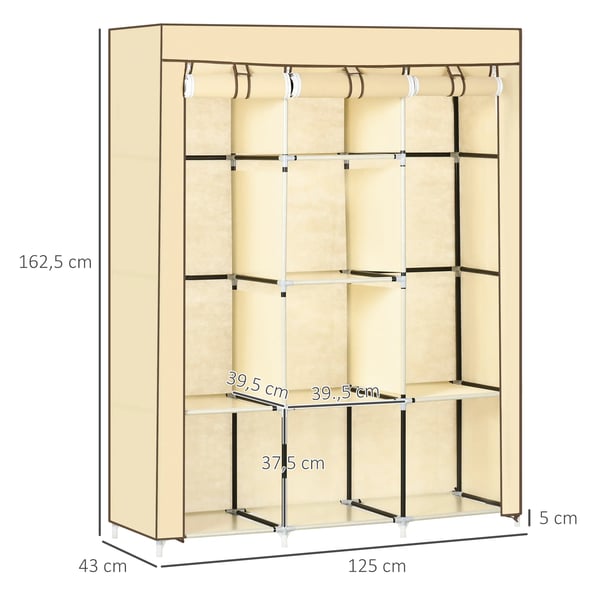Klapskab med bøjlestænger, 8 hylder, stof, beige, 125x43x162,5cm