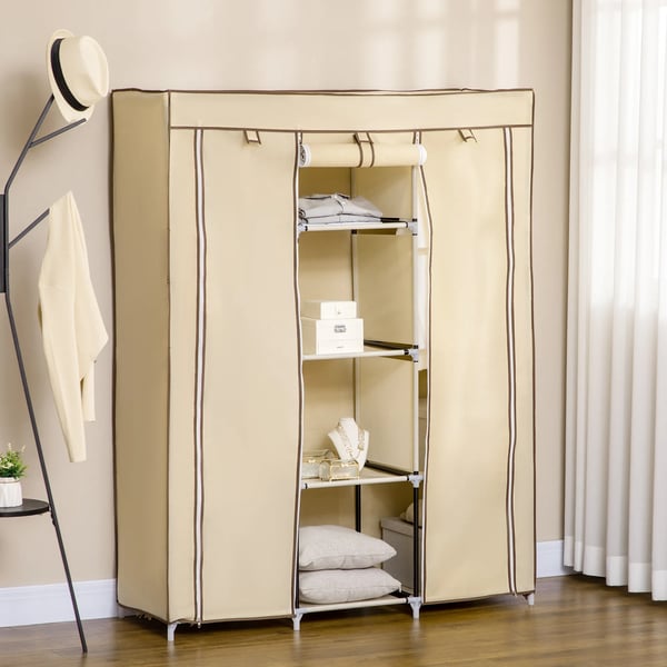 Klapskab med bøjlestænger, 8 hylder, stof, beige, 125x43x162,5cm