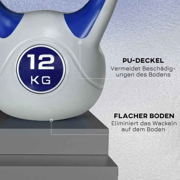 Kettlebell 12 kg - Blå, Gulvbeskyttende plast og sand, til styrketræning