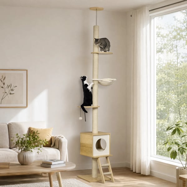 Kattokorkea Raapimispylväs Kissa-talolla ja Riippumatolla, 240-260cm, Vaaleanruskea/Beige