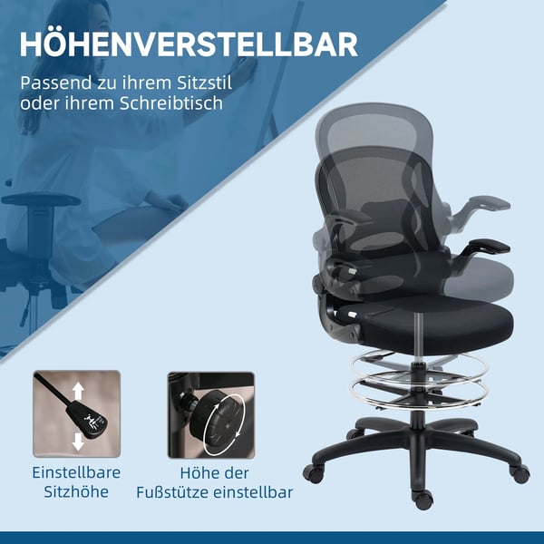 Ergonomisk kontorsstol i svart mesh med justerbart fotstöd och svankstöd, 102-122 cm hög