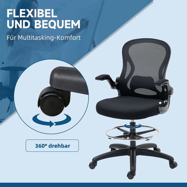 Ergonomisk kontorsstol i svart mesh med justerbart fotstöd och svankstöd, 102-122 cm hög