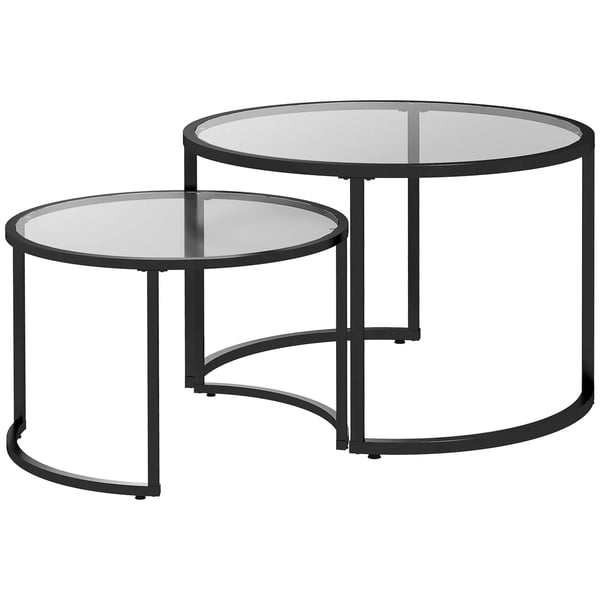 2-delat soffbordsset, sidobord med svart stålram och bordsskiva i härdat glas, modulbart och stapelbart