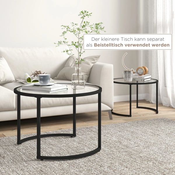2-delat soffbordsset, sidobord med svart stålram och bordsskiva i härdat glas, modulbart och stapelbart