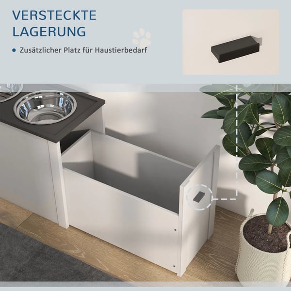Hundmatstation i Vit Legerad Stål med Förvaring och 2 Rostfria Skålar 2L, Justerbar Höjd för Stor Hund