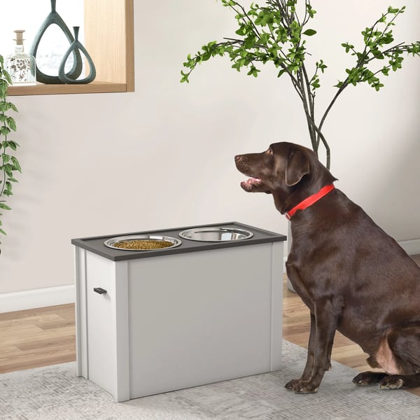 Hundmatstation i Vit Legerad Stål med Förvaring och 2 Rostfria Skålar 2L, Justerbar Höjd för Stor Hund