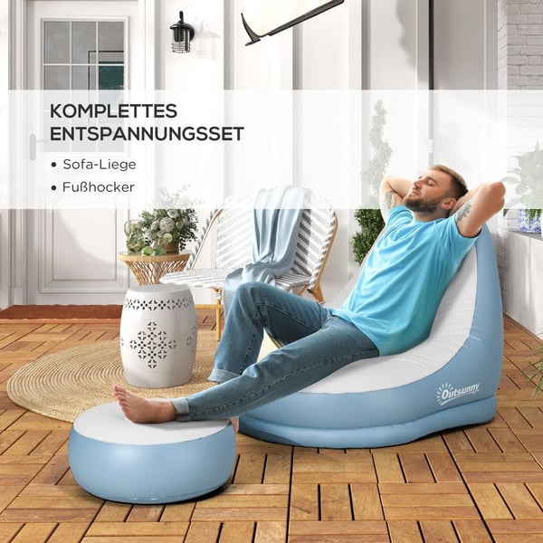 Uppblåsbar Soffa med Fotpall och Mugghållare, Vit/Blå Plast, 125x100x87cm