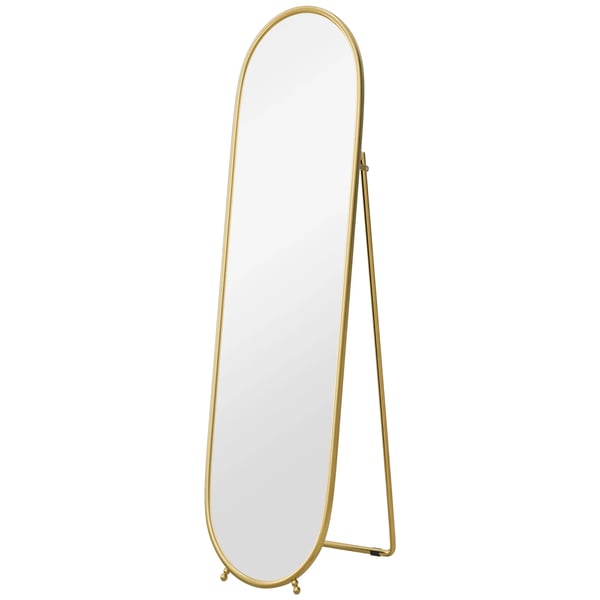 helkroppsspegel, 160 x 40 cm väggspegel med stativ, metallram, oval golvspegel för vardagsrum, sovrum, guld
