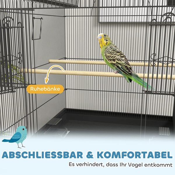 Stor Fågelbur med Hjul och Förvaring - Svart Stål 63x53x144 cm