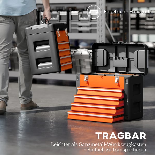 Værktøjskasse - Orange Kunststoff med 4 Skuffer og Opbevaring, 49,7x25,3x40,7 cm
