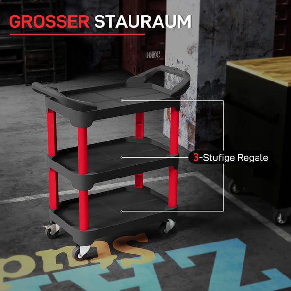 Verkstadsvagn 3 Hyllplan - Svart/Röd Plast, Rullande Verktygsvagn för Garage/Lager, Max 68kg