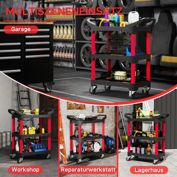 Verkstadsvagn 3 Hyllplan - Svart/Röd Plast, Rullande Verktygsvagn för Garage/Lager, Max 68kg