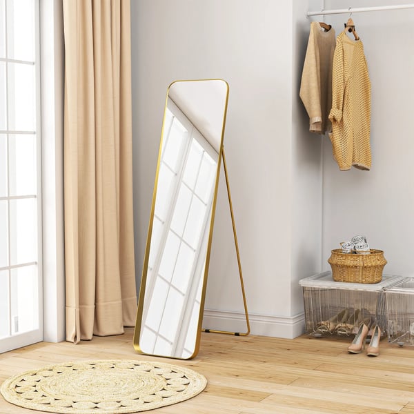 Helkropsspejl 160x40 cm, fritstående/vægspejl, metalramme, brudsikkert glas, guld