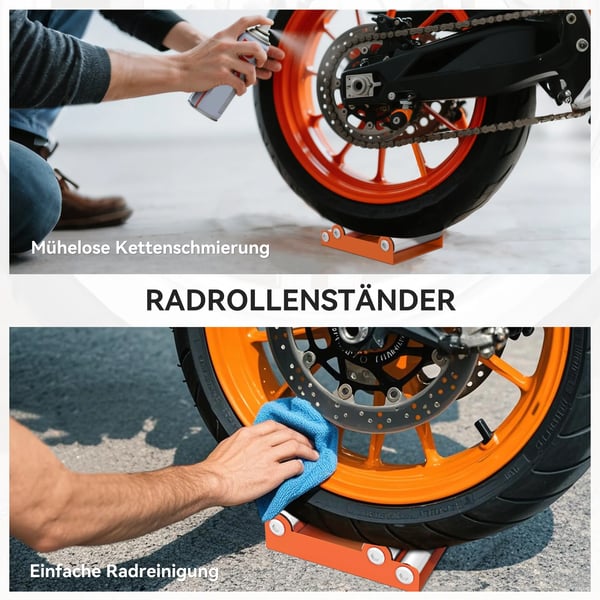 Motorcykel Rengøringsstander - Hjul Drejehjælp til Dækrensning & Kædesmøring - Aluminiumsruller - Orange
