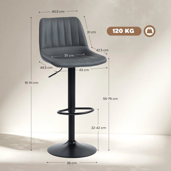 2-pack barstolar i mörkgrått konstläder/stål, retrodesign, justerbar höjd