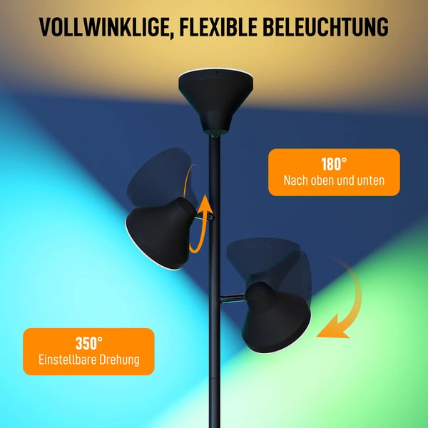 Dimbar Golvlampa med Tre Justerbara Huvuden, RGB Frgbyte, Fjrrkontroll och Pekkontroll, Svart Plast