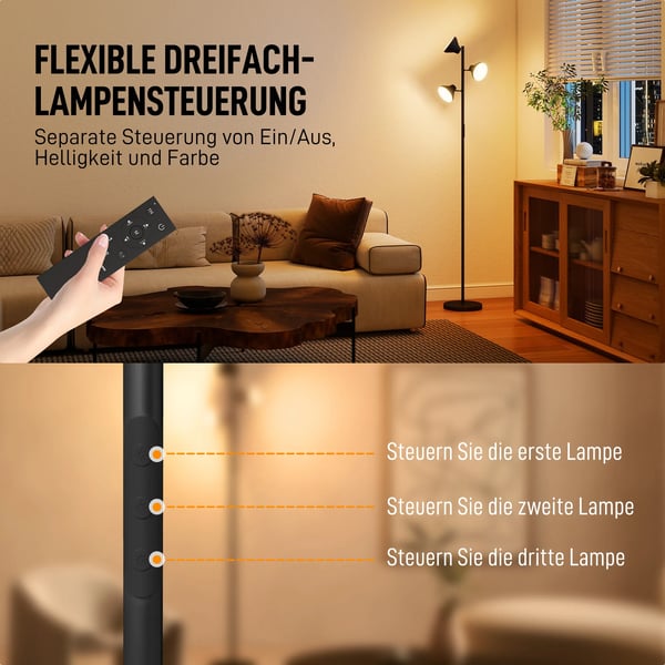Dimbar Golvlampa med Tre Justerbara Huvuden, RGB Frgbyte, Fjrrkontroll och Pekkontroll, Svart Plast