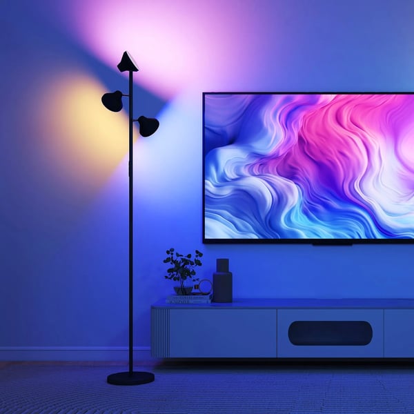 Dimbar Golvlampa med Tre Justerbara Huvuden, RGB Frgbyte, Fjrrkontroll och Pekkontroll, Svart Plast