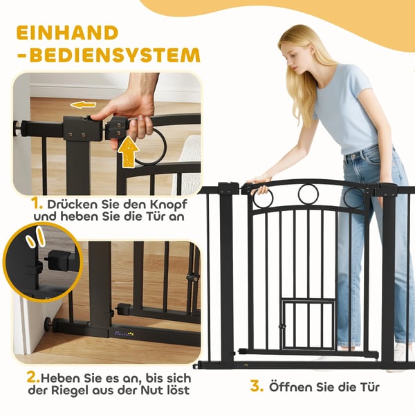 Husdjursgrind: Justerbar 77cm trappgrind, 76-104cm bredd, med kattlucka, svart plast/stål, för dörröppningar