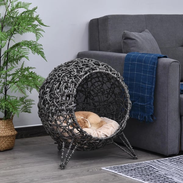 Kattehule i PE-Rattan & Metal - Slvgr Pude & Hvede Fdder, 52x58cm