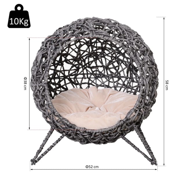 Kattehule i PE-Rattan & Metal - Slvgr Pude & Hvede Fdder, 52x58cm