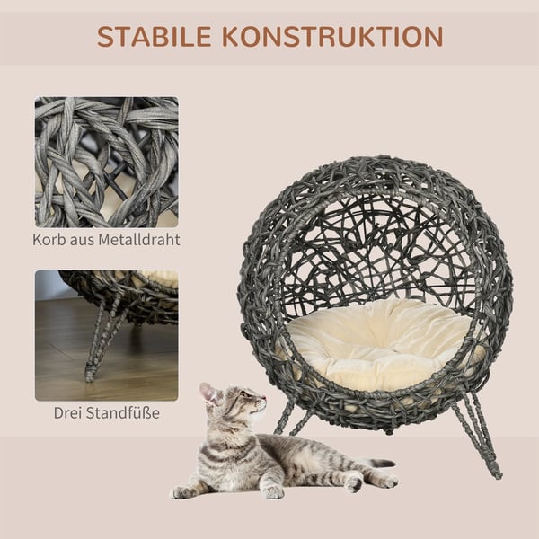 Kattehule i PE-Rattan & Metal - Slvgr Pude & Hvede Fdder, 52x58cm