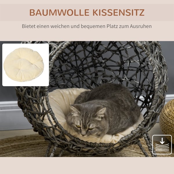 Kattehule i PE-Rattan & Metal - Slvgr Pude & Hvede Fdder, 52x58cm