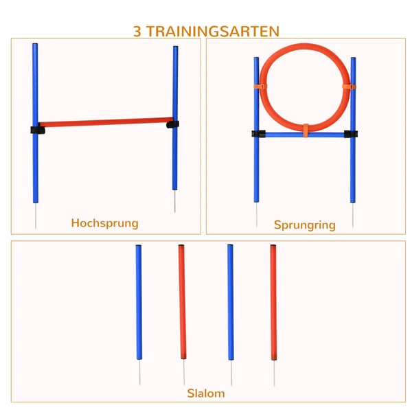 Hundagilityträningsset - 3-i-1 Hundsport utrustning, Justerbar Hoppring & Hinder, Slalom, Inkl. Bärväska, PE, Röd/Blå