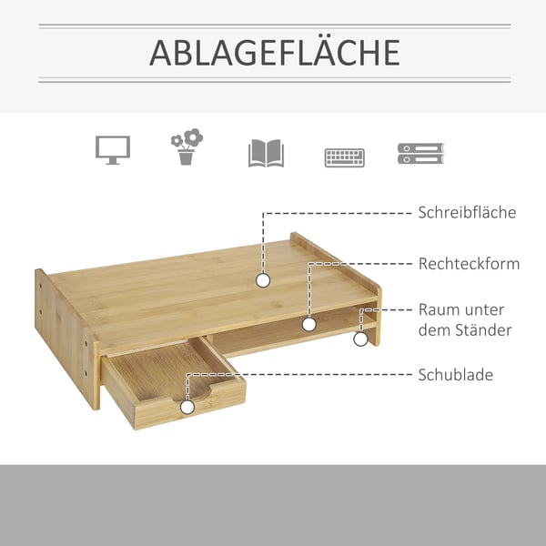 Monitorstativ Skrivbordsorganisator i Bambu med Låda - Natur, L49xB25,5xH11,5cm
