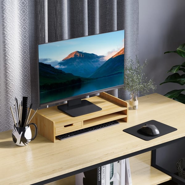 Monitorstativ Skrivbordsorganisator i Bambu med Låda - Natur, L49xB25,5xH11,5cm