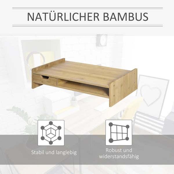 Monitorstativ Skrivbordsorganisator i Bambu med Låda - Natur, L49xB25,5xH11,5cm