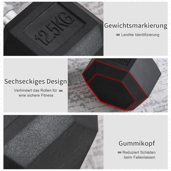 Seksagonal Vægtstang Støbejern Håndvægt Gummi-håndvægt Greb Riflet Vægte Metal Gummi Sort 1 x 12,5 KG