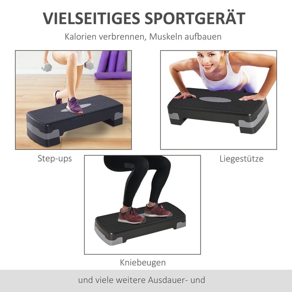 Aerobic Stepp, Hfhdjusterbar 10/15 cm, Steplåda för Träning, Svart/Grå, 68x29x15 cm