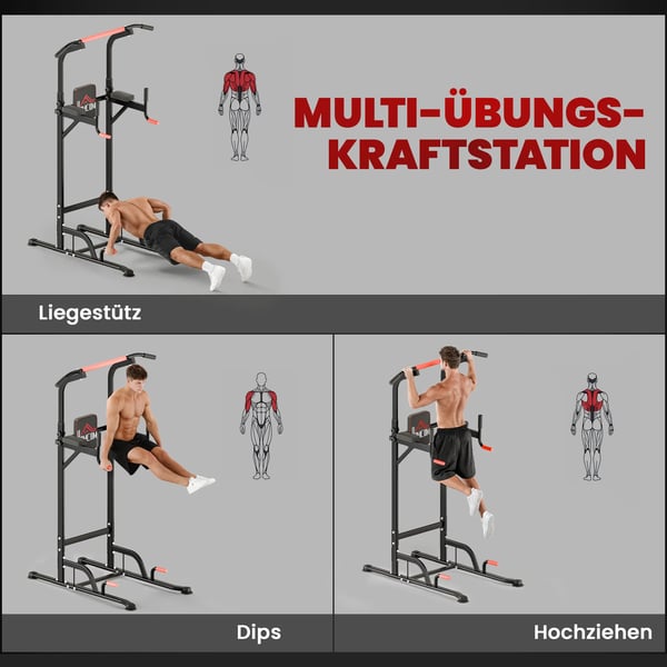 Træningsstation Power Tower - Justerbar Dip Station med Pull-up Stang - Stål/Plastik, Sort+Rød - Max 120kg Belastning