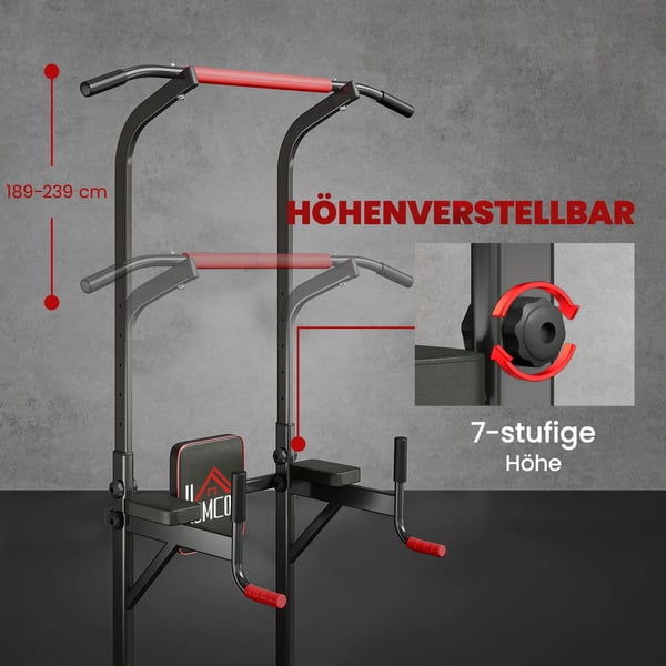 Træningsstation Power Tower - Justerbar Dip Station med Pull-up Stang - Stål/Plastik, Sort+Rød - Max 120kg Belastning