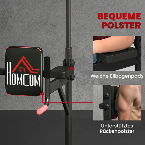 Træningsstation Power Tower - Justerbar Dip Station med Pull-up Stang - Stål/Plastik, Sort+Rød - Max 120kg Belastning