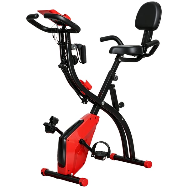 Motionscykel 2-i-1 med LCD-display, hopfällbar träningscykel i stål (Legierter Stahl) med 8 nivåer magnetiskt motstånd, röd/svart, 97x51x115 cm