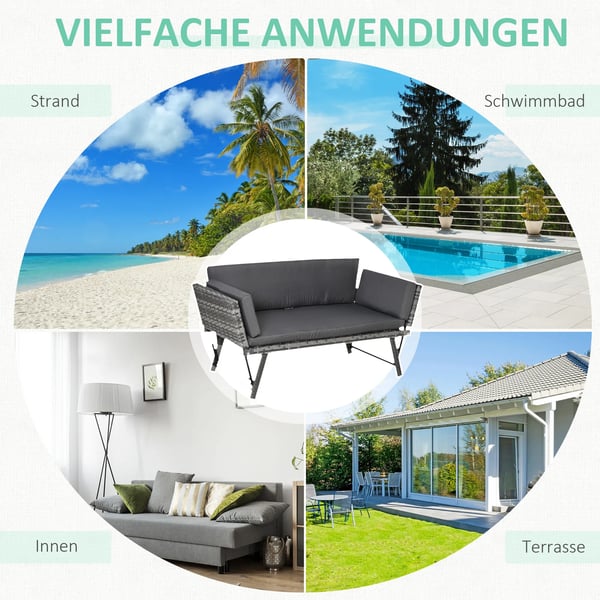 Loungesoffa Gråmälad Utförande i Konstrotting & Stål - 2-sits, Fällbara Armstöd, Idealisk för Trädgård/Terrass, 129x63x67cm