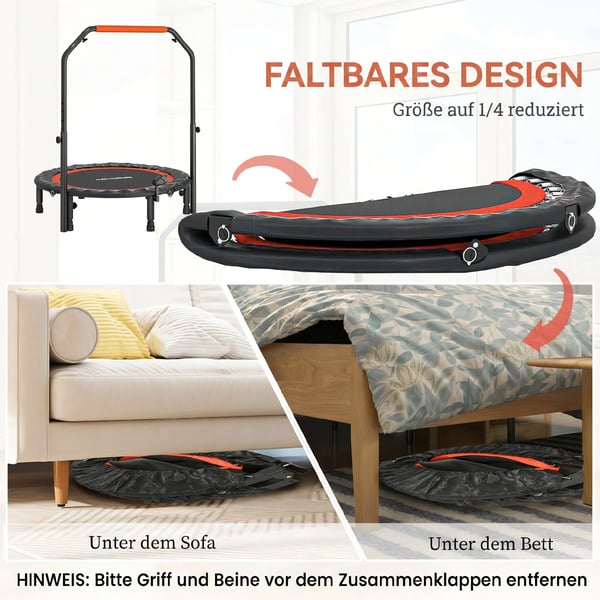 Minirebounder Träningstrampolin med Handtag och LCD-skärm - Svart/Röd, 102 cm